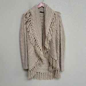 Lauren Ralph Lauren Beige Cable Knit Fringe Shawl Cardigan Wool Blend Size Small